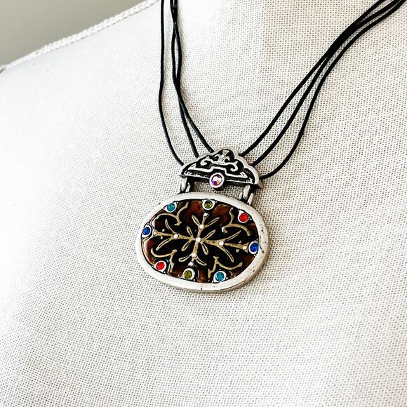 Chico’s Vintage Enamel & Crystal Pendant Necklace - Picture 5 of 8